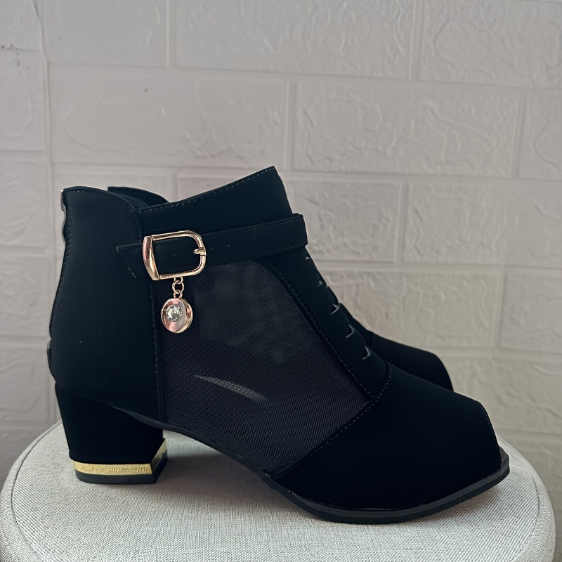 [Chunky Heel Black Mesh Boots] Elegant Black Mesh Peep-Toe Ankle Boots with Chunky Heel - Stylish Back Zipper Design, Breathable & Comfortable Women's High Heels for All Seasons, Stylish Office Shoes|Zipper Closure Boots|Slee