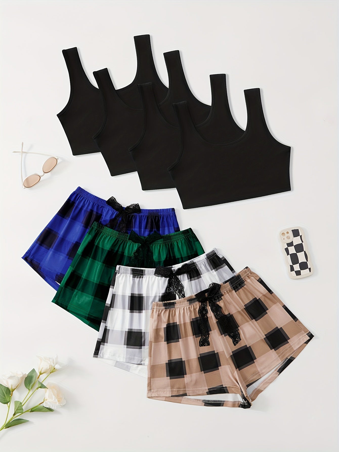 4 sets 4-Piece Plaid Print Lounge Set: Casual Crop Top & Lace Bow Shorts for Women