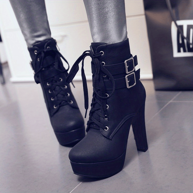 Womens Fashion Solid Color Lace-Up High Heel Boots - Stiletto Heel with Stable Block Base - Secure Buckle Ankle Strap - Trendy & Comfortable