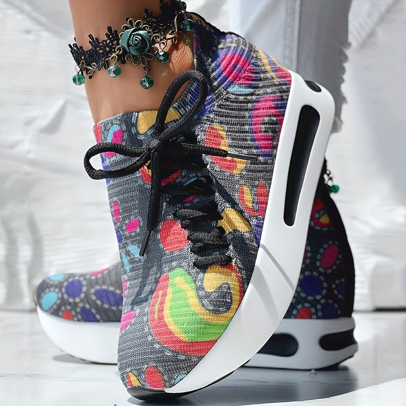Abstract Print Side Lace-up Casual Wedge Sneakers - Without Anklet
