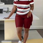 Striped Splicing Spring and Summer Casual Round Neck Short Two-Piece Set