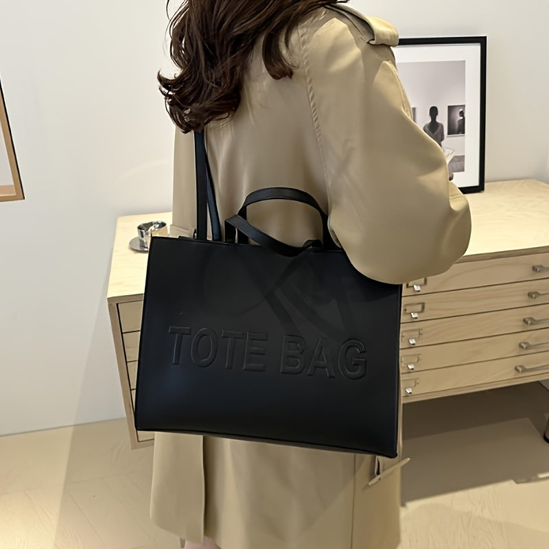 Stylish Black Tote Bag with "TOTE BAG" Embossed Design – Large Capacity Shoulder Handbag for Women, Perfect for Commuting and Casual Outings, Snap Button Closure