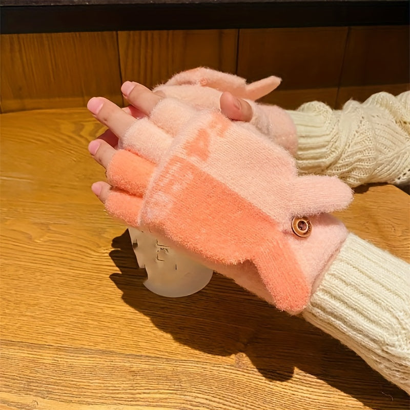 Women's Cute Cartoon Flip-Top Gloves, Winter Thickened Knit Mittens, Touchscreen Compatible, Breathable Nylon, Hand Wash or Dry Clean, Fashionable Ladies Gloves for Outdoor Use