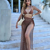 Women's Plain Brown Triangle Halter Tie Strap Backless Bikini With Hollow Out Cover Up 3 Piece Set Swimsuits -  For Summer Beach Vacations - Perfect Gift for Women