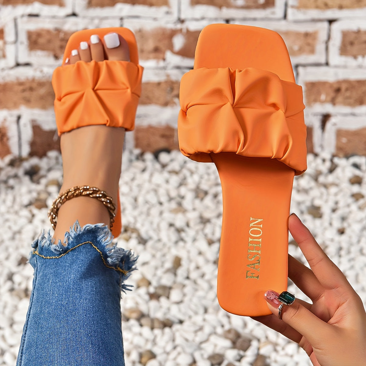 Stylish Pleated Slide Sandals for Women - Comfortable, Lightweight, Casual Square Open Toe Flat Shoes with Breathable Design for Summer - Easy Slip-On Style