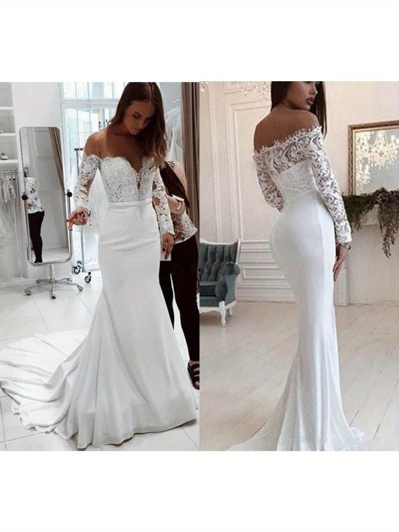 White Wedding Dress Fishtail Style Strapless Design, Long Sleeves Made of Delicate Lace Material, Covered with Floral Patterns; Splicing Satin Material, Fit The Body Curve, The Overall Style Is Elegant and Romantic, Suitable