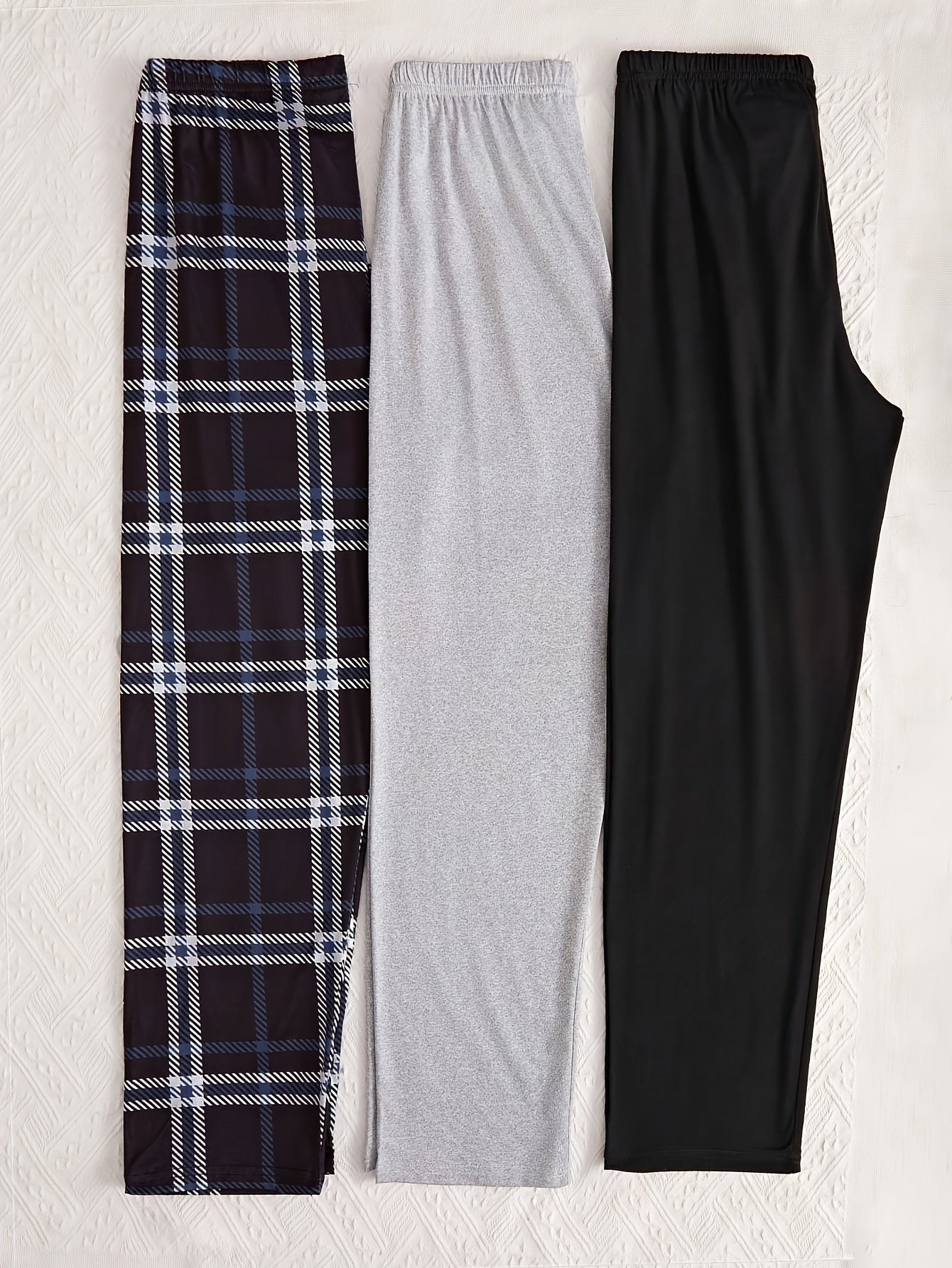 Women's 3pcs Plaid Sleepwear Set - Comfy Polyester & Elastane Blend, Machine Washable, All-Season Lounge Pants