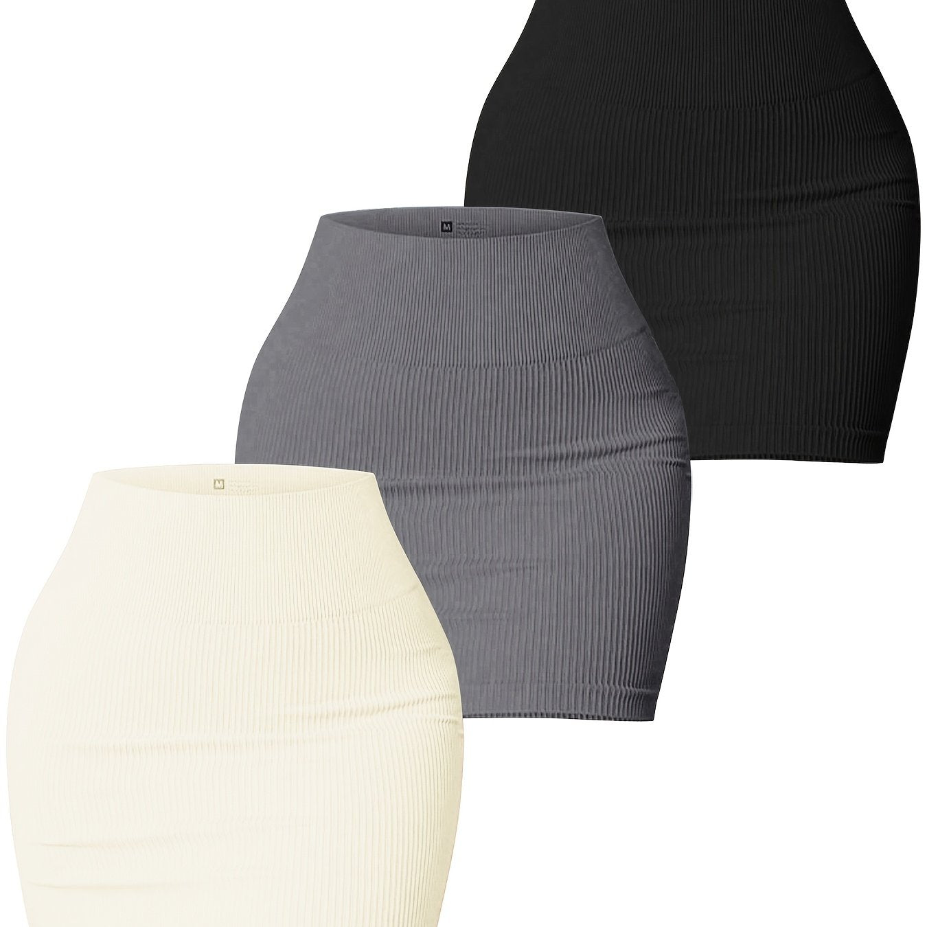 3pcs Women's Seamless High-Waisted Sports Skirts, Solid Color Knit Fabric, Rib-Knit Detail, Bodycon Fit, Stretchy Polyamide 90% Elastane 10%, All-Season Casual Wear