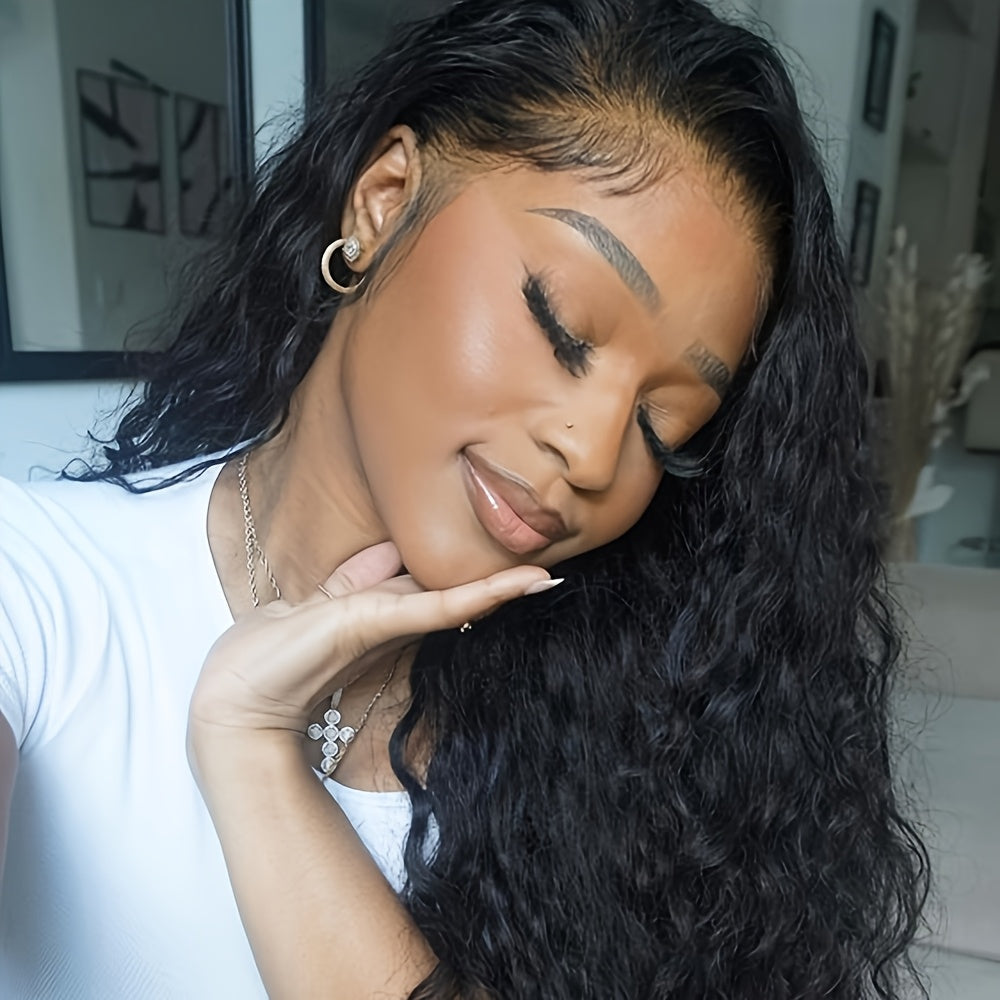 Glueless Long Loose Curly Lace Front Wig - Natural Black, Pre-Plucked 13x4 Free Part, Heat Resistant Synthetic Hair, 24" with Adjustable Straps & Combs for Women, Perfect for Daily Wear, Parties, Weddings & Special Occasions