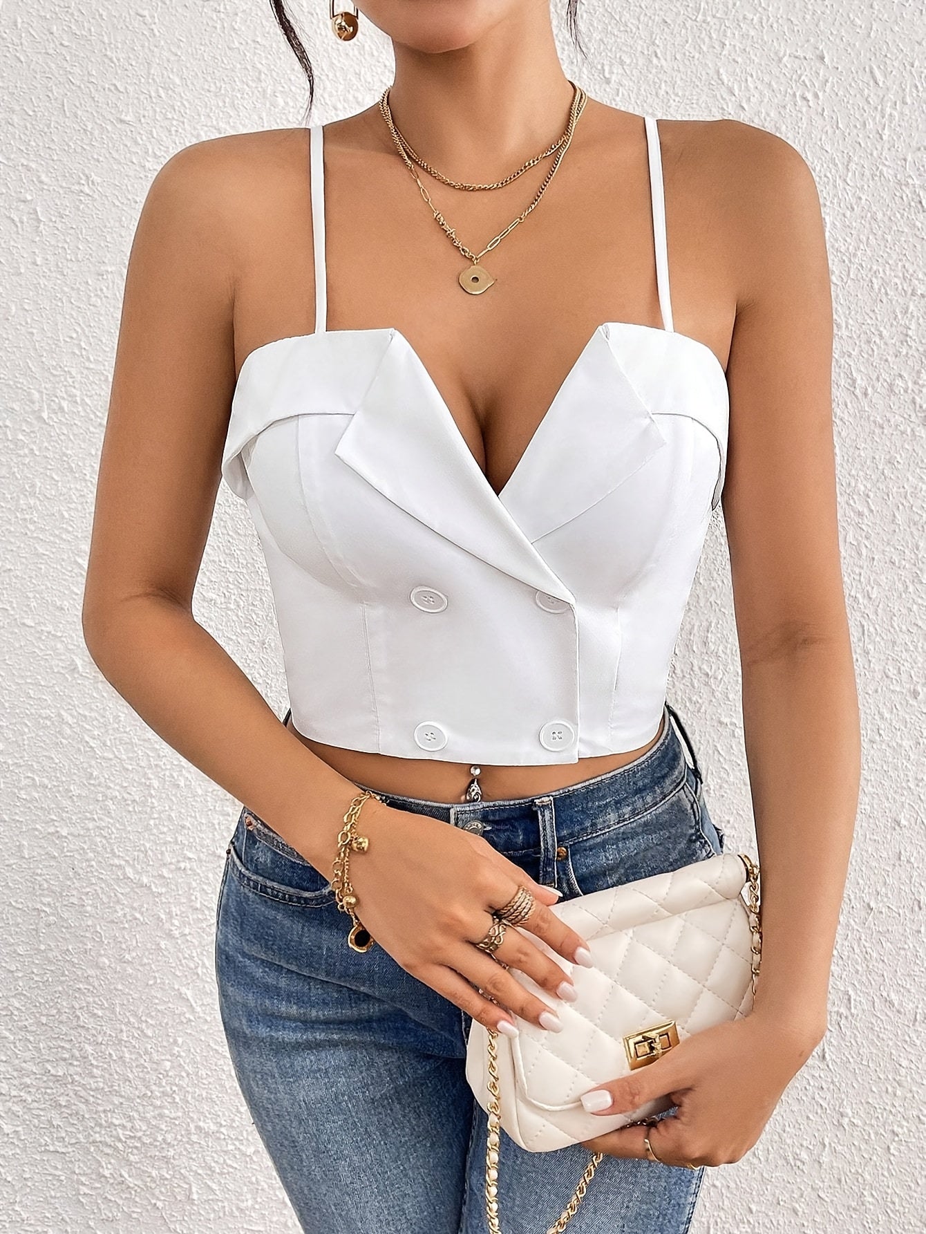 Women'S Fashionable Strapless White Crop Top with Button Details - Sexy Spaghetti Strap Design, All-Season Solid Color, Perfect for Casual or Formal Attire, Casual Attire Top|Sophisticated Style|Sleek Fit Top