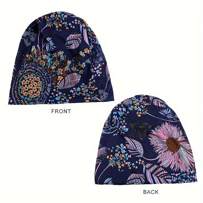 4 Pcs/set Bohemian Floral Print Brimless Beanie For Women - Autumn And Winter Warm Elastic Chemotherapy Cap, Lightweight Multi Functional Headscarf - Multi Functional Neck Cover