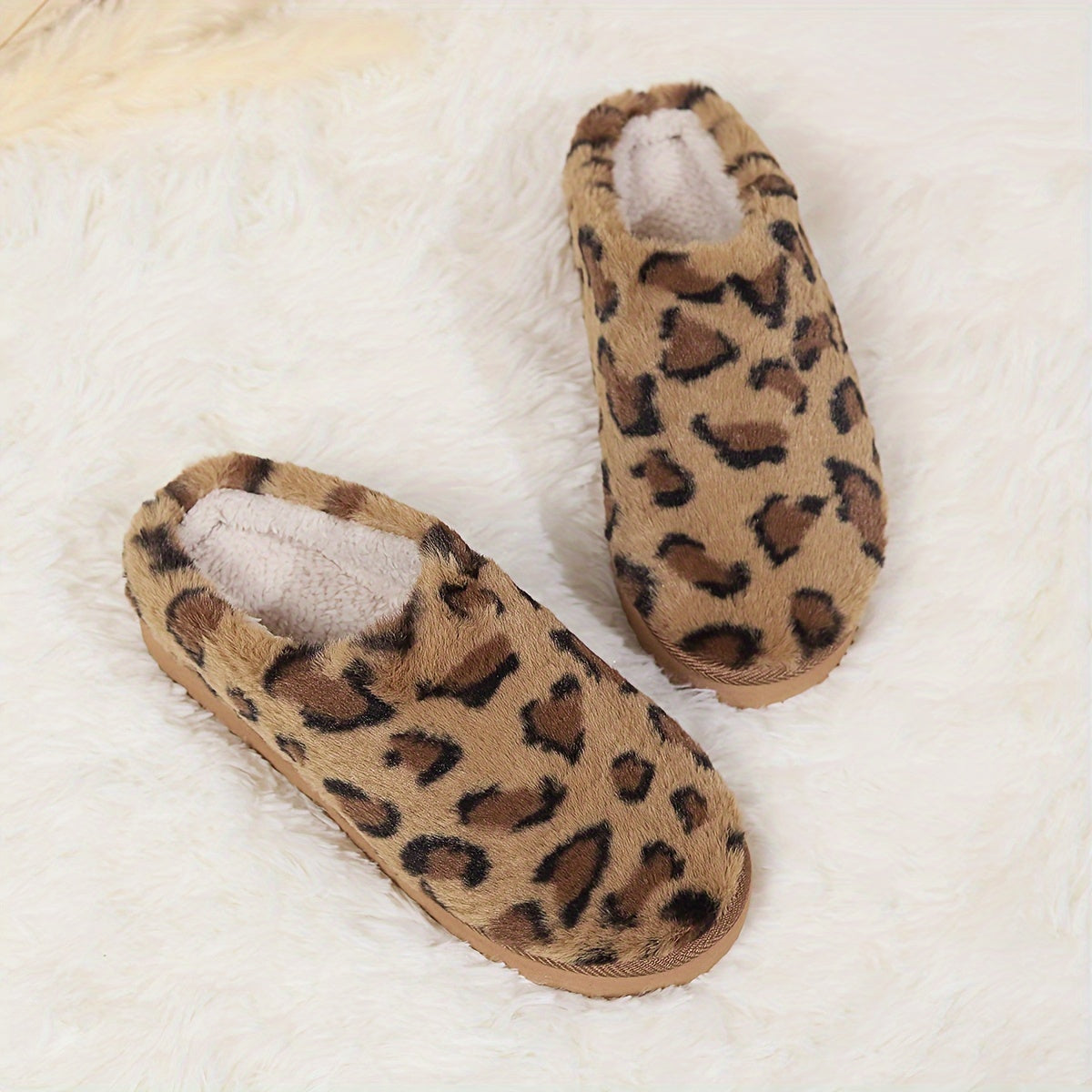 Women'S Leopard Slippers Fleece Lined Knitted Plush Fabric Comfy Anti-Skid Home Shoes Indoor Outdoor