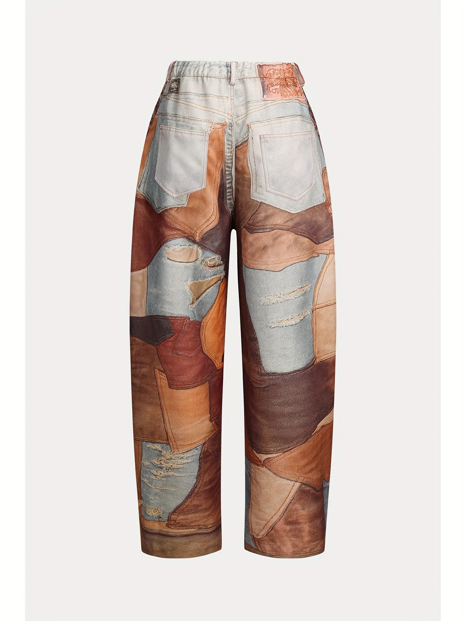 Women'S Patchwork Button - Zipper Pocket Wide - Leg Long Pants. Made Of Denim - Like Fabric, With Printing Techniques, These Pants Exude A Strong Street - Style Trend.
