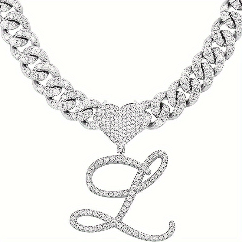 Silvery Cuban Link Necklace - Heart-shaped Alphabet Pendant on Ice Chain - Unisex Hip-hop Jewelry Gift