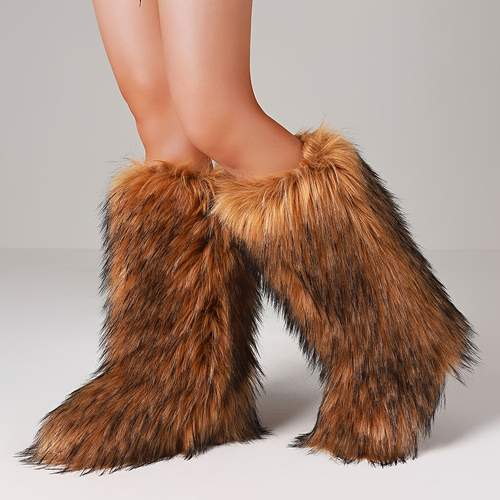 Women'S Plush Fluffy Snow Boots, Mid Cut, Warm, Christmas, Flat Fashion Boots