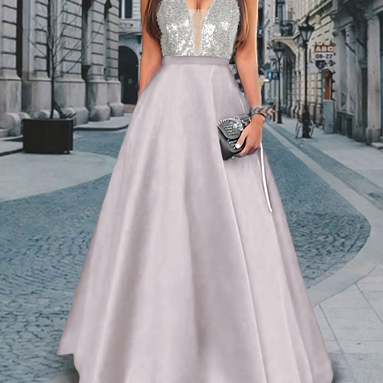 Women's Elegant Sleeveless Deep V-Neck Sequin & Satin Evening Gown - A-Line Mermaid Formal Dress with Super Long Train for Weddings, Galas & Special Occasions, Wedding Guest Attire | Sequined Bodice