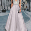 Women's Elegant Sleeveless Deep V-Neck Sequin & Satin Evening Gown - A-Line Mermaid Formal Dress with Super Long Train for Weddings, Galas & Special Occasions, Wedding Guest Attire | Sequined Bodice