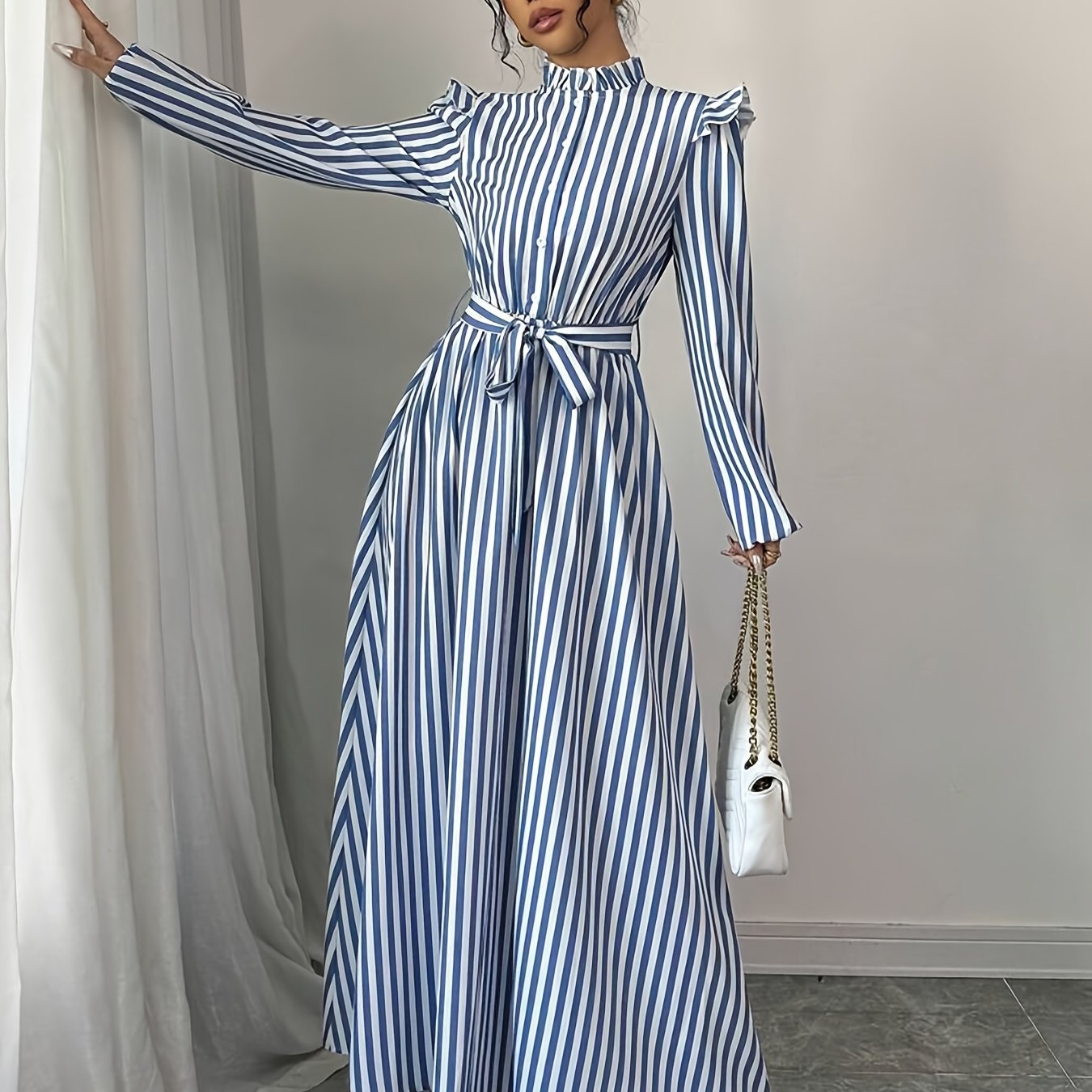 Long Sleeve Polyester A-Line Maxi Dress with Elegant Floral Print, Stand Collar, Waist Detail, Lantern Sleeves, and Ruffle Hem for Spring/Fall