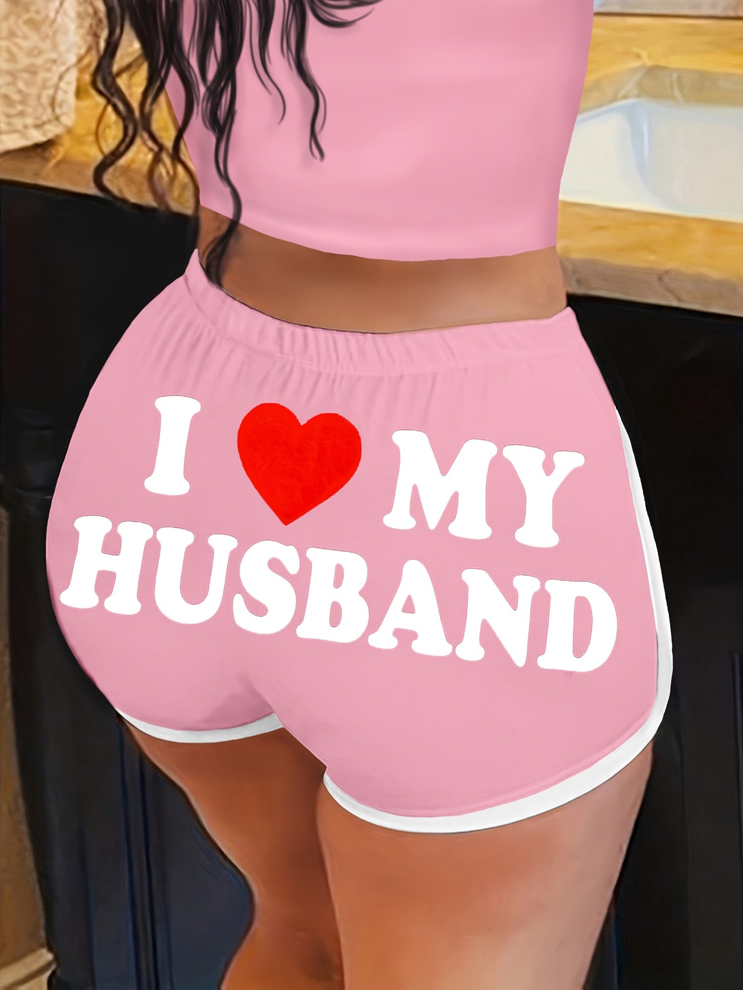 Women'S "I Love My Husband" Letter Print Elastic Waist Shorts - Casual, Stretchy, and Comfortable for Spring & Summer, Perfect for Casual Attire