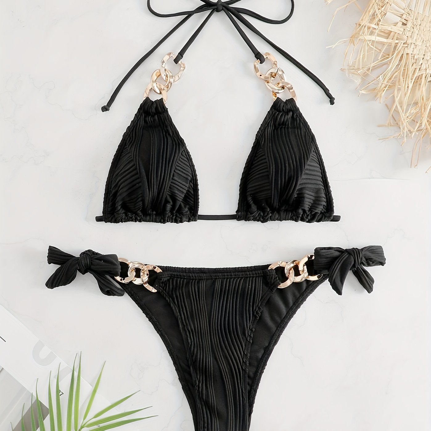 Stripes Ruched Texture Golden Chain Ring Link Halter 2 Piece Set Bikini, Bow Tie Side Triangle Halter Tie Neck Stretchy Swimsuit For Beach Pool Bathing, Women's Swimwear & Clothing