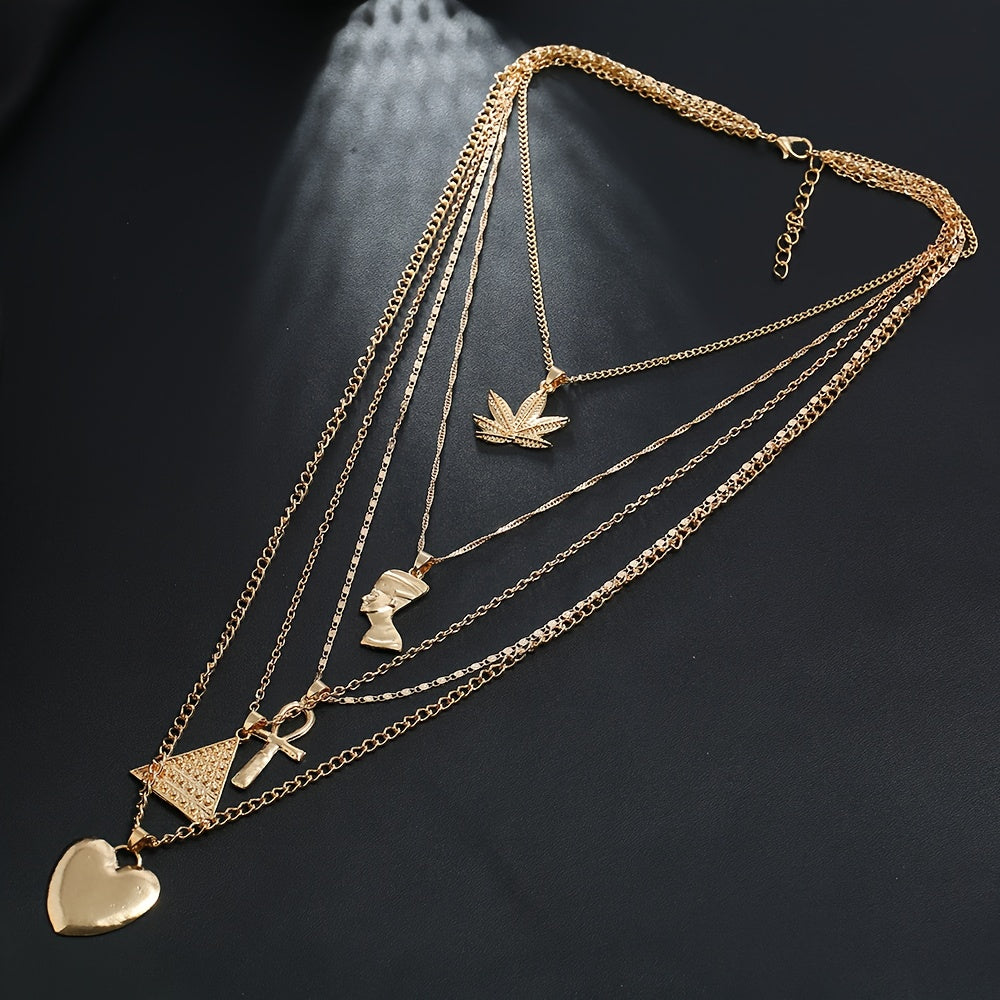A Set Bohemian Style Multi-layered Necklace Collarbone Chain, Featuring Maple Leaves, Egyptian Pharaohs, Pyramids, And Heart-shaped Pendants - Suitable for Women's Daily Party Fashion Jewelry, Holiday Gifts