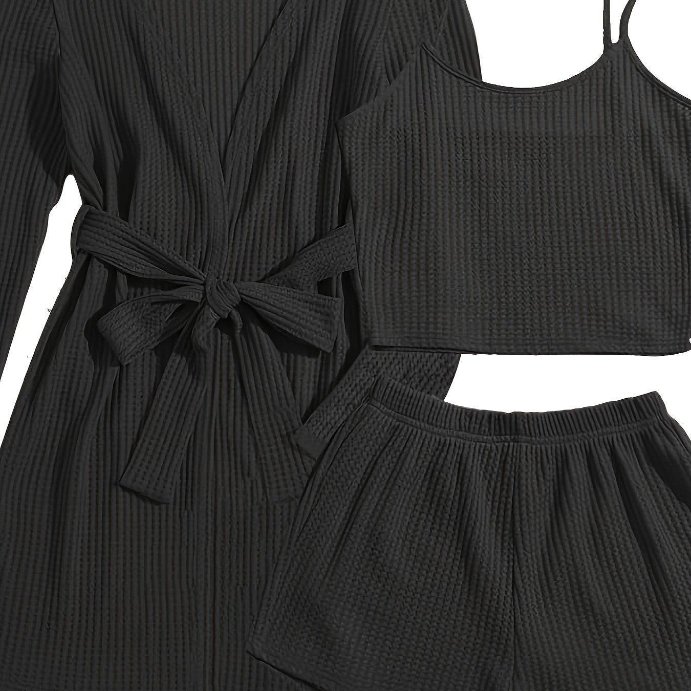 Women's Casual Solid Waffle Lounge Set, Long Sleeve Robe With Belt & Round Neck Backless Crop Cami Top & Shorts, Comfortable Relaxed Fit, Summer Home Wear