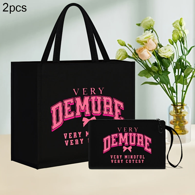 2pcs Chic Black Linen Tote & Makeup Bag Set with "VERY DEMURE" Print - Lightweight, Durable Shopping and Beach Travel Bags with Pink Bow Accent, Hand Washable