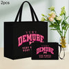 2pcs Chic Black Linen Tote & Makeup Bag Set with "VERY DEMURE" Print - Lightweight, Durable Shopping and Beach Travel Bags with Pink Bow Accent, Hand Washable