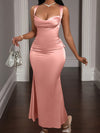 Elegant Pink Satin Halter Neck Backless Mermaid Gown for Women - Sexy Ruched Bodycon Dress with High-Low Hem, Perfect for Valentine's Day, Singles Parties, Christmas, and Weddings