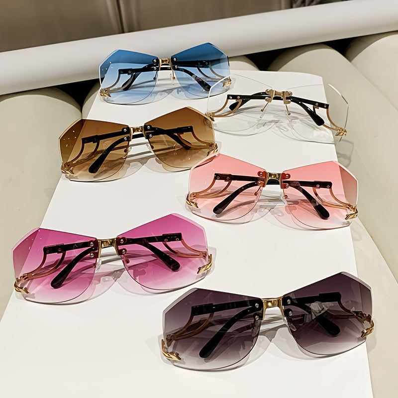 Women's Frameless Fashion Glasses with Hollow Temple & Irregular Ocean Film Lenses - Gradient Pink to Clear Fashion Eyewear, Lightweight Decorative Accessories for Casual Outings, Glasses Accessories, Stylish Car Rideouts, Ch