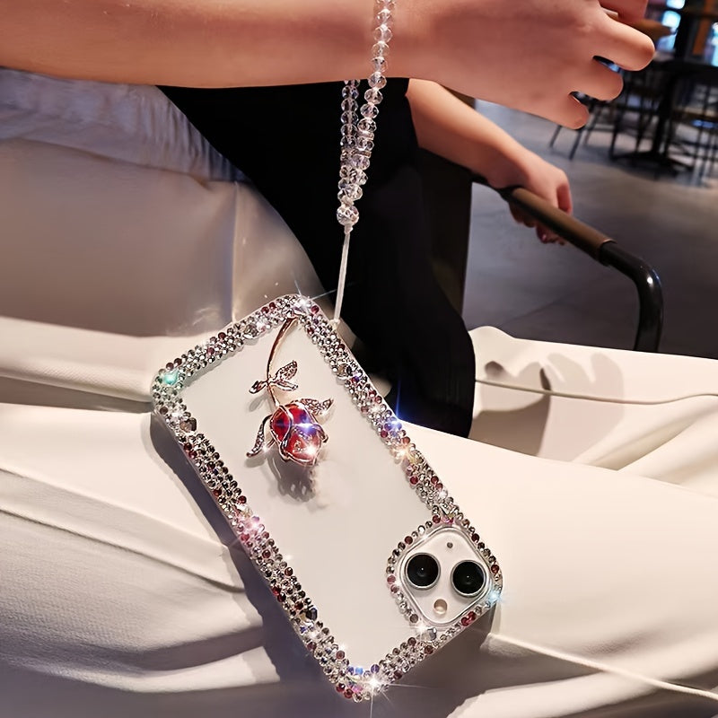 [1pc Luxurious Rose Flower Phone Case] Luxurious And Stylish Three-Row Glass Hardware Rose Flower Phone Case with Sparkle Bracelet Strap, Suitable for Iphone 16 Pro Max, Shockproof Phone Cover.