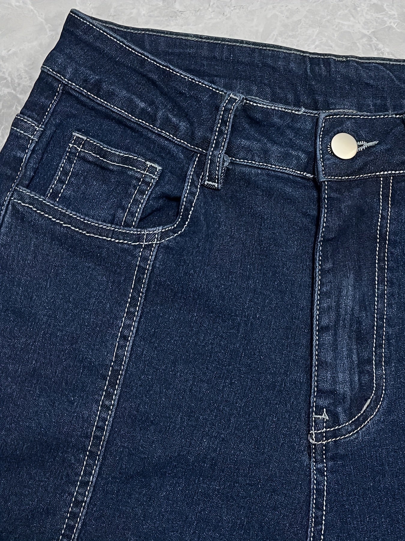 Dark Blue Stretch Denim High-Waist Wide-Leg Jeans - Casual & Versatile, Machine Washable, Slant Pockets - Durable Denim, Women's, Versatile Clothing