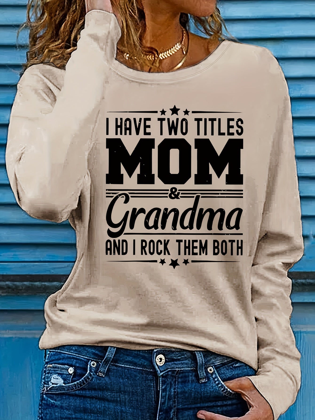 Women'S Long Sleeve Crew Neck T-Shirt with "Mom & Grandma" Letter Print, Casual Polyester Top for All Seasons, Knit Fabric with Medium Stretch, Regular Fit - Applique Detail