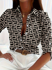 Women's Elegant Loose-Fit Long Sleeve Shirt - Soft Light Beige-Friendly Fabric, Black & White Geometric Print Lapel Collar Button-Up Blouse for Spring & Fall Casual to Semi-Formal Wear, Ladies Blouses