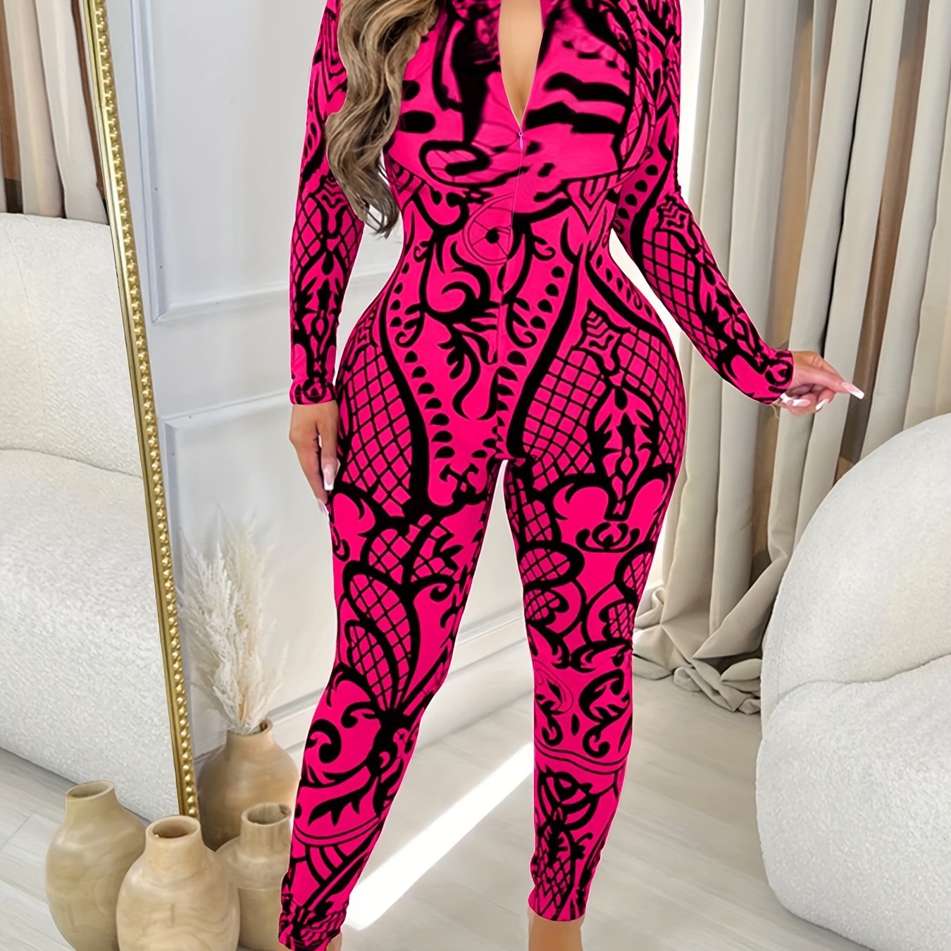 Women's Sexy V-Neck Geometric Pattern Unitard Jumpsuit - Polyester and Spandex Knit Fabric, Spring/Fall Season, Zippered Front without Belt - For Fashionable Women - Perfect for Parties & Night Out