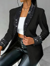 Elegant Women'S Jacket with a Round Collar And Sequined Cuffs, Featuring Long Sleeves.