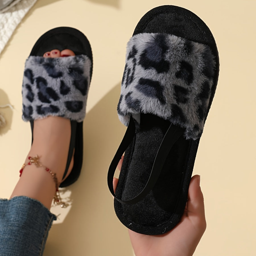 Leopard Print Fuzzy Flat Slippers, Open Toe Elastic Strap Slip On Shoes, Cozy & Warm Home Slipper Sandals - Plush Fleece & Rubber Sole - For Women & Men - Perfect for Relaxing at Home - Ideal Gift for Birthday & Holidays