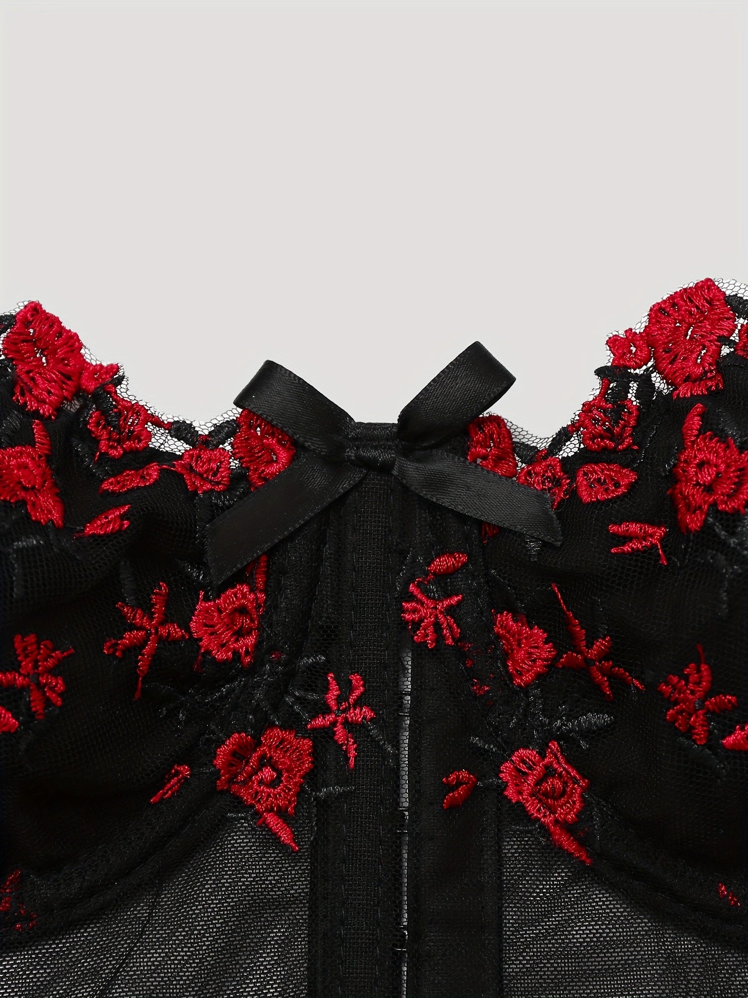 Elegant Black & Red Rose Floral Lace Embroidered Corset Top - Sexy Low-Cut V-Neck Fishbone Mesh Bustier with Adjustable Straps for Women, Perfect for Spring/Summer/Fall, Autumn Clothing | Floral Embroidery | Rose Pattern Desi