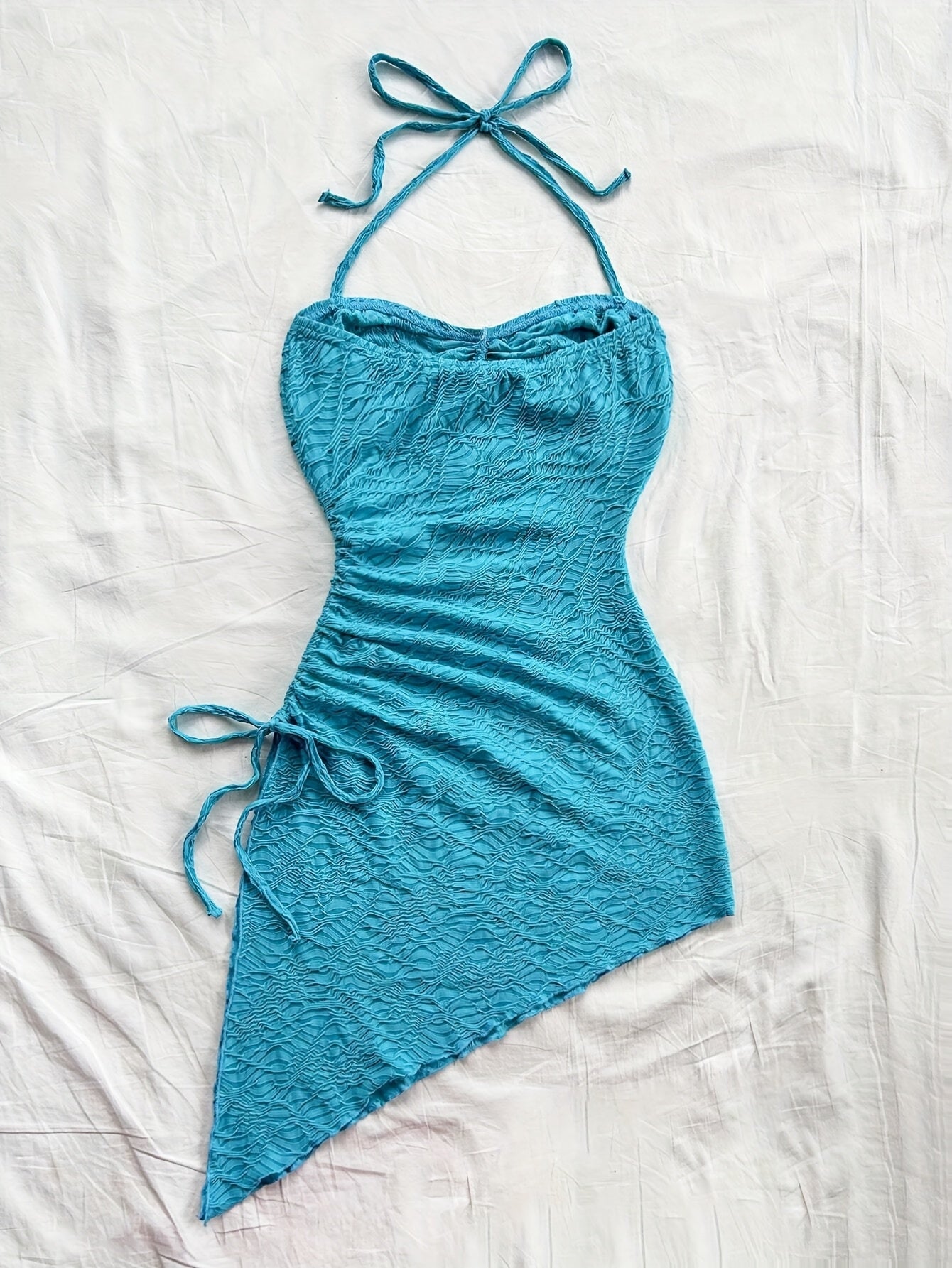 Women's Summer Jacquard Halter Dress with Asymmetrical Hem and Drawstring Detail - Vibrant Teal Blue, Vacation-Ready Wrap Style, Polyester Fabric, Perfect for Beach or Casual Outings, Beach Dress