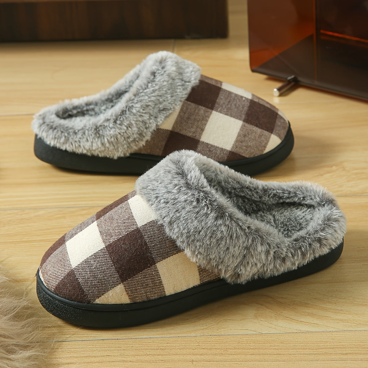 Cozy Plaid Fuzzy Slippers for Women - Thick, Warm & Non-Slip Indoor/Outdoor Shoes with Soft Fabric Lining