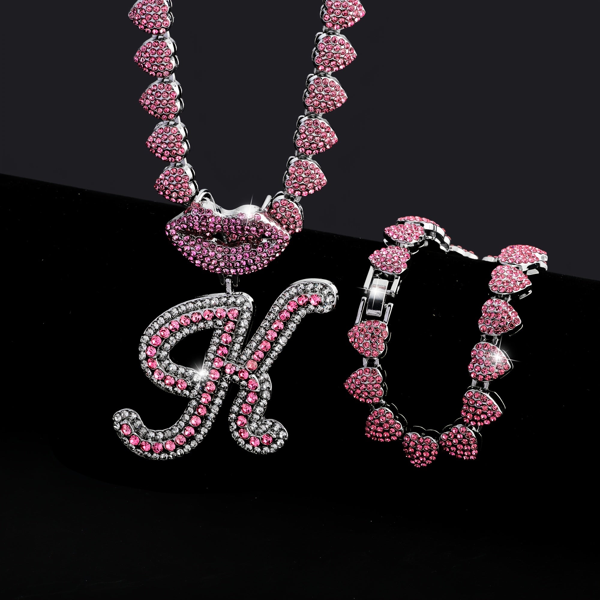 Hip Hop Y2K Style Pink Sexy Lips Pendant Necklace and Bracelet Set, A-Z Initials, Rhinestone Inlay, Zinc Alloy, Perfect for Daily Wear or Parties, Ideal Valentine's Day Gift for Men and Women, Hip Hop Jewelry