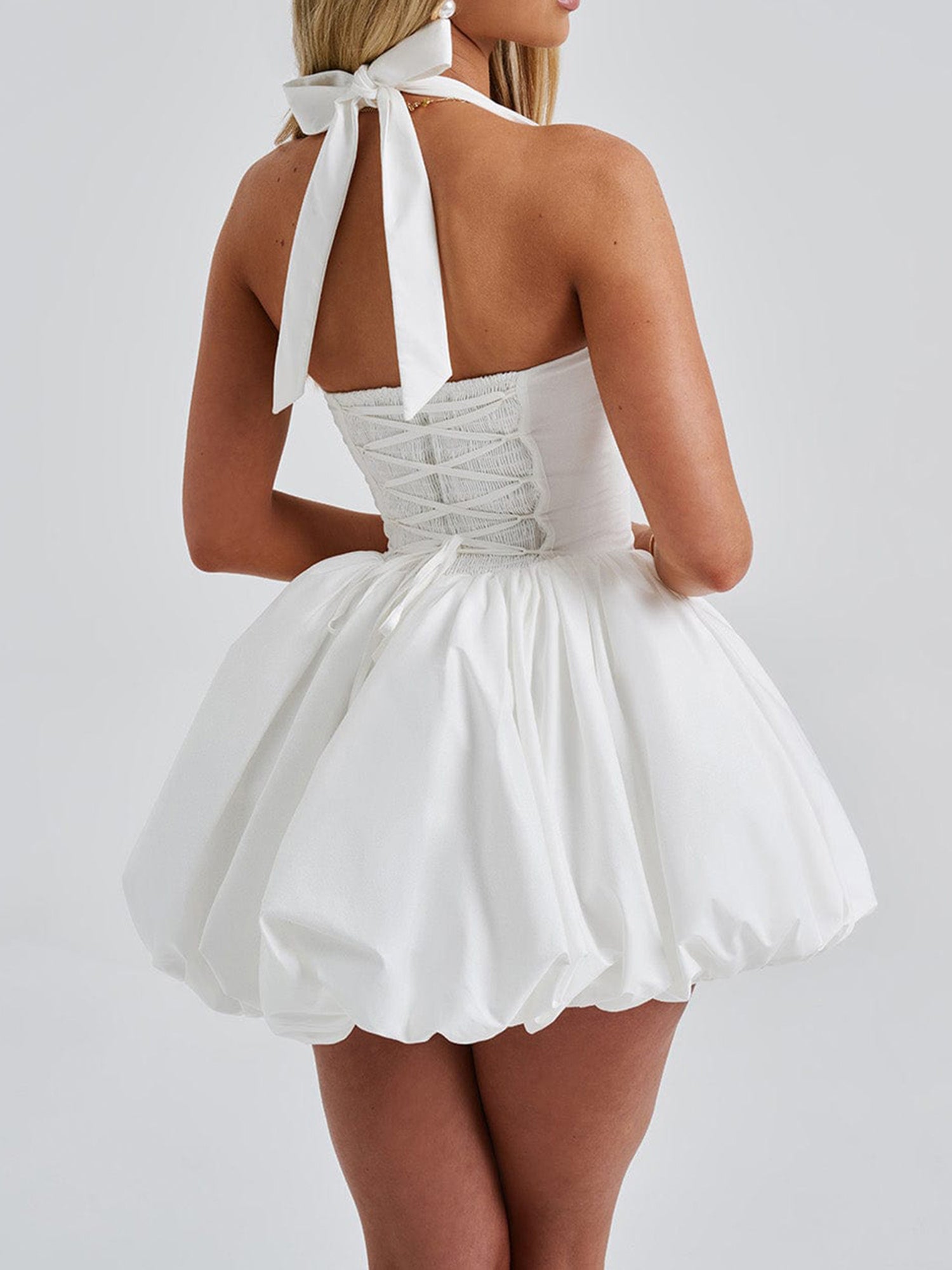 Women's Y2K Sleeveless Halter Backless Corset Dress with Adjustable Tie-Up Waist & Flared Bubble Skirt - Solid White Clubwear for Beach, Party, Streetwear - Machine Washable, Dresses for Beach