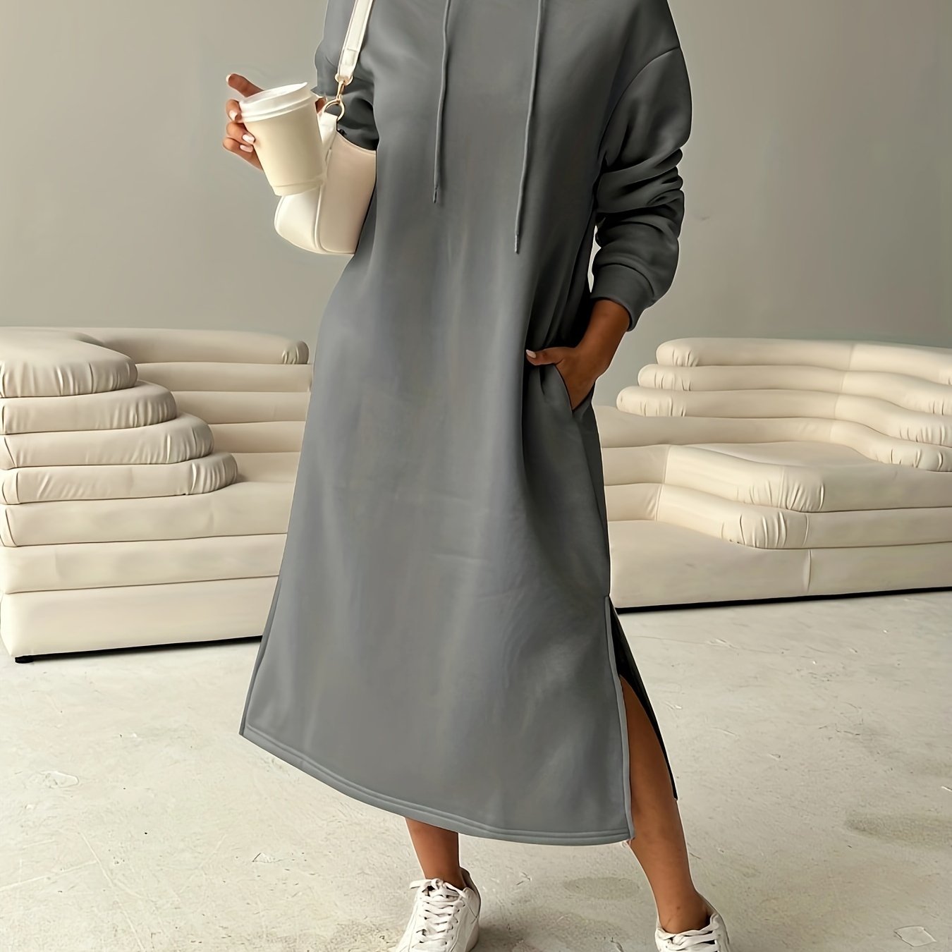 Cozy Letter Print Drawstring Hooded Sweatshirt Dress - Women's Casual Long Sleeve Loose Fit Clothing for Fall & Winter, Soft and Warm Fleece Lined Dress with Adjustable Drawstring Waist