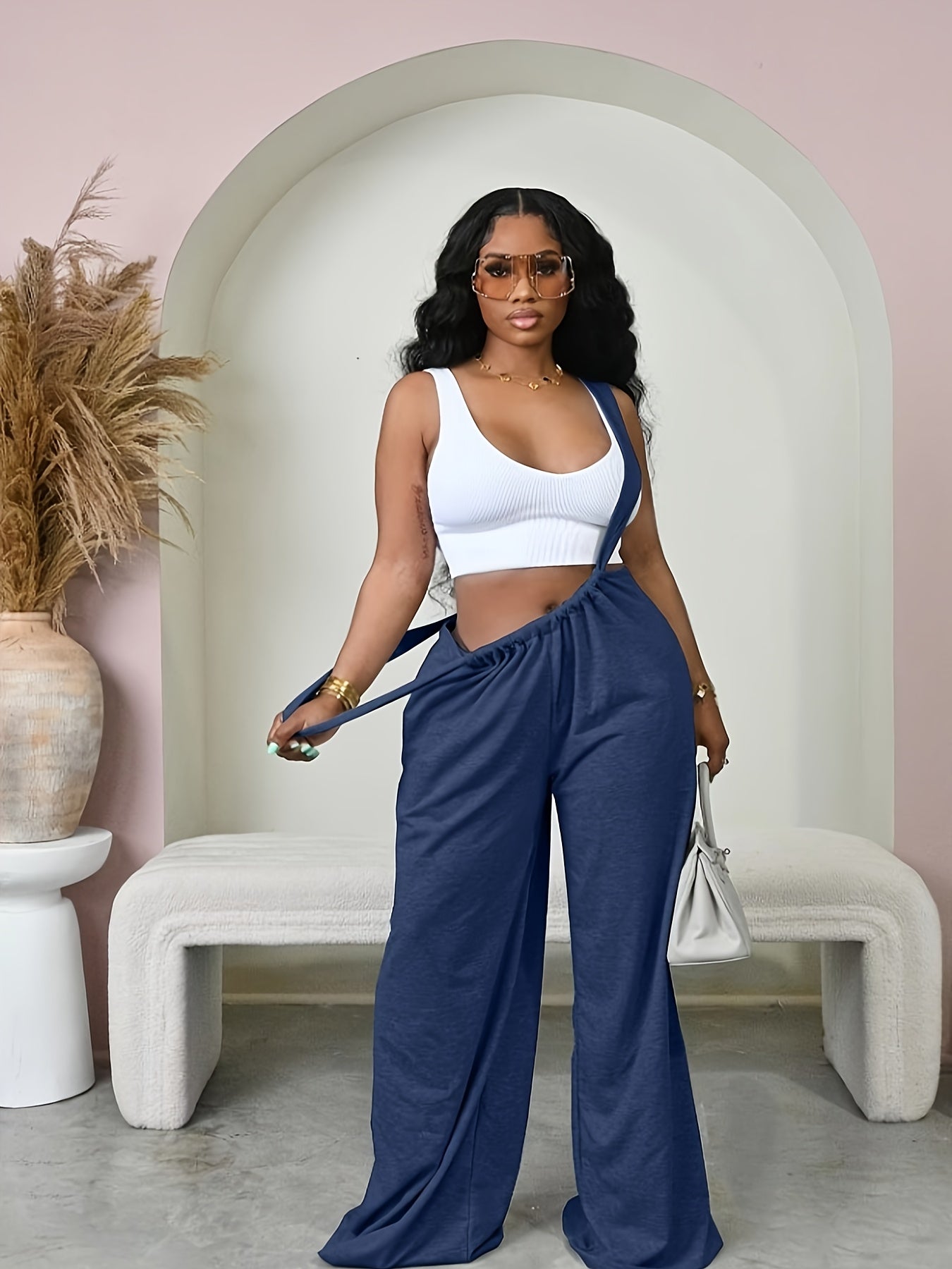 Women'S Elegant Solid Color Strapless Backless Jumpsuit with Pockets - Navy Blue, Long Length, Perfect for Spring/Summer/Fall, Stylish Wide Legs, Casual Attire|Backless Fashion|Chain Strap Detail, Jumpsuit