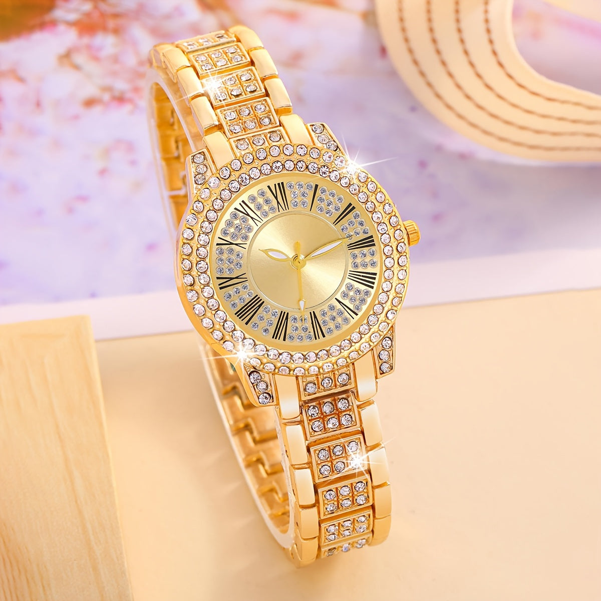 Middle East Ramadan Ladies Watch 1Set Ladies Watch Luxury Full Rhinestone Roman Dial Quartz Watch And Our Lady Of Guadalupe Pendant Necklace Earings Jewelry Set Suitable for Women Party Holiday Birthday Wear Or As Sisters The