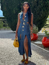 Women's Sleeveless Denim Dress with Open Waist Cut-Out & Split Hem - Golden-Tone Metal Buttons, Square Neck Casual Summer Dress, Machine Washable Mid-Length Skirt for Daily Outings & Gatherings, Evening Event Attire, Decorati