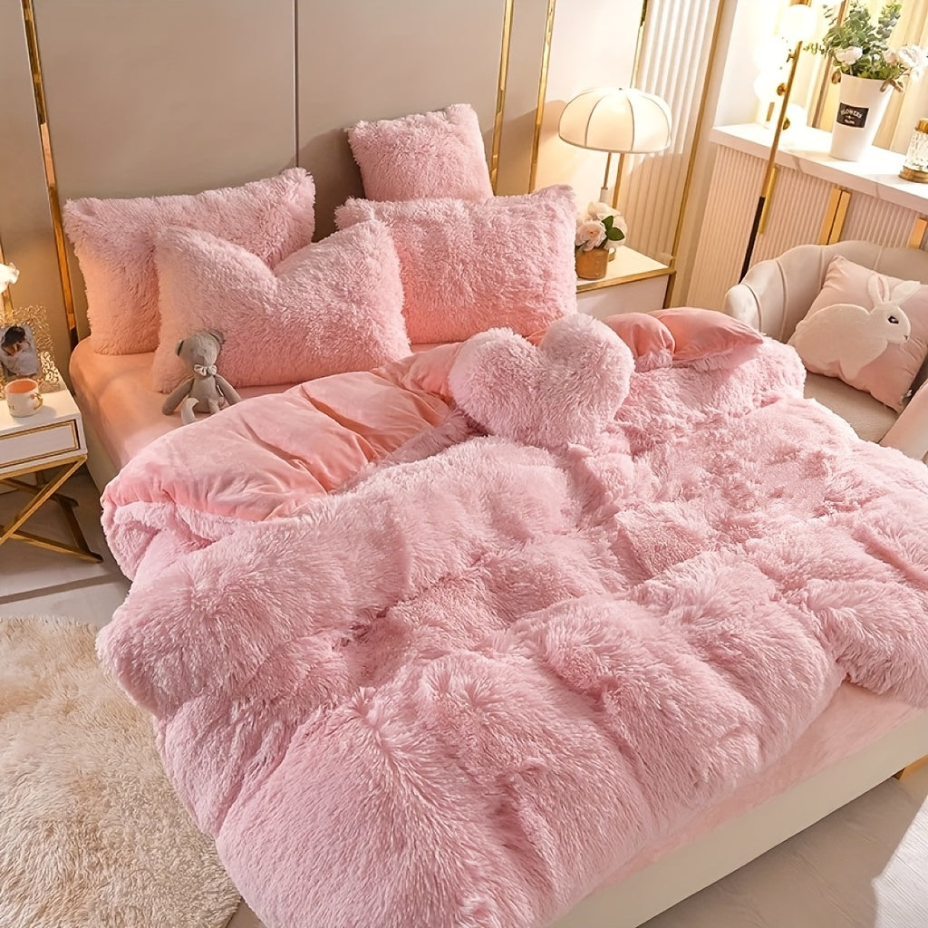 4pcs Queen/King Size Comforter Set | Fluffy Plush Velvet Bed Comforter Sets (1 Duvet+2 Pillowcases+Sheet) | Ultra Soft Thermal All-Season Luxury Bedding for Bedroom, Dorm & Guest Rooms | Queen Size Comforter Set & King Size B