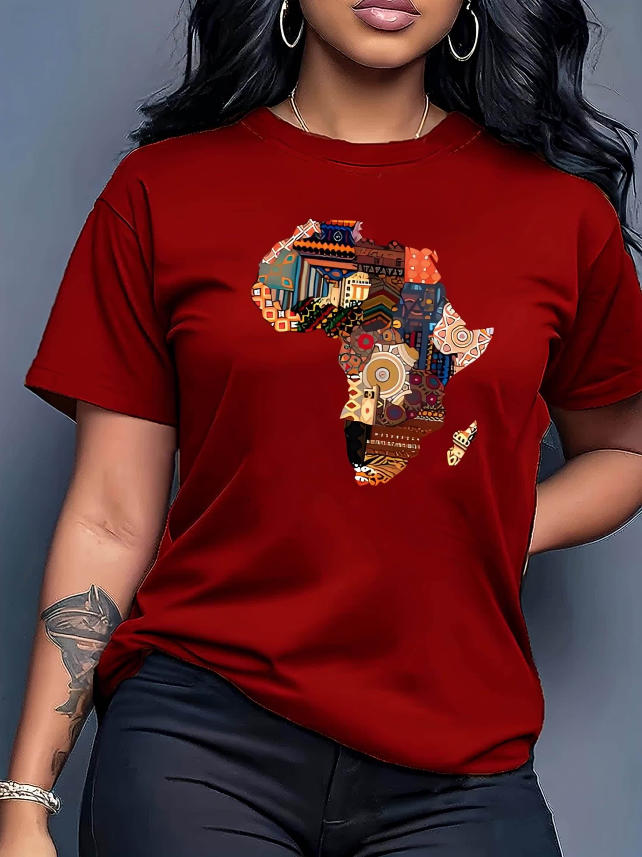 Women's African-Inspired Patchwork Print Casual Short Sleeve T-Shirt - Vibrant Red Round Neck Top with Cultural Motifs, Medium Stretch & Machine Washable for Spring/Summer, Casual Attire, Comfortable Fabric