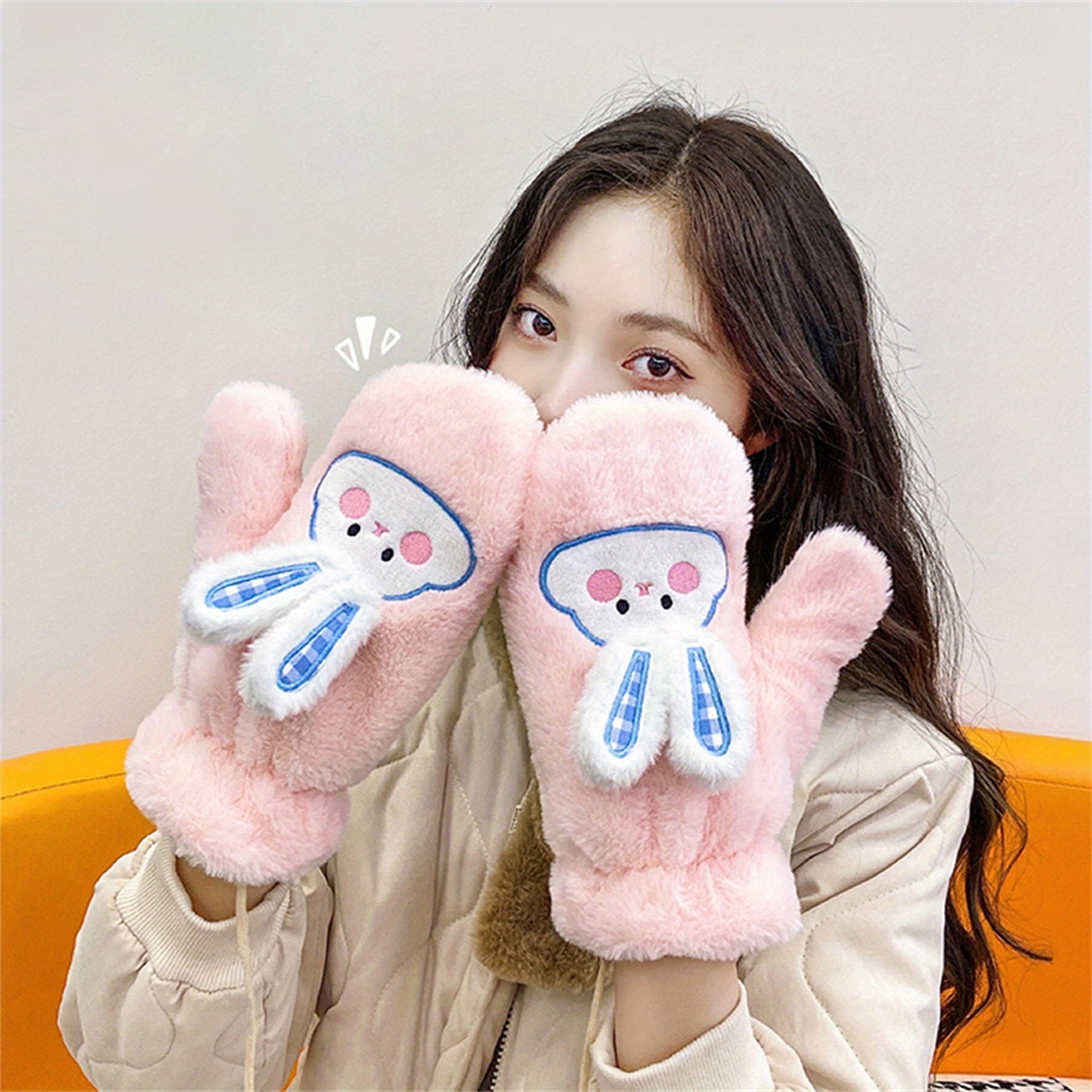 Women's Winter Mittens | Cute Rabbit Design Fleece Gloves | Pink Cotton Blend with Bunny Ears and Face | Plush Warmth for Cold Weather | Non-Stretch, Hand Washable | Cozy Outdoor Accessory