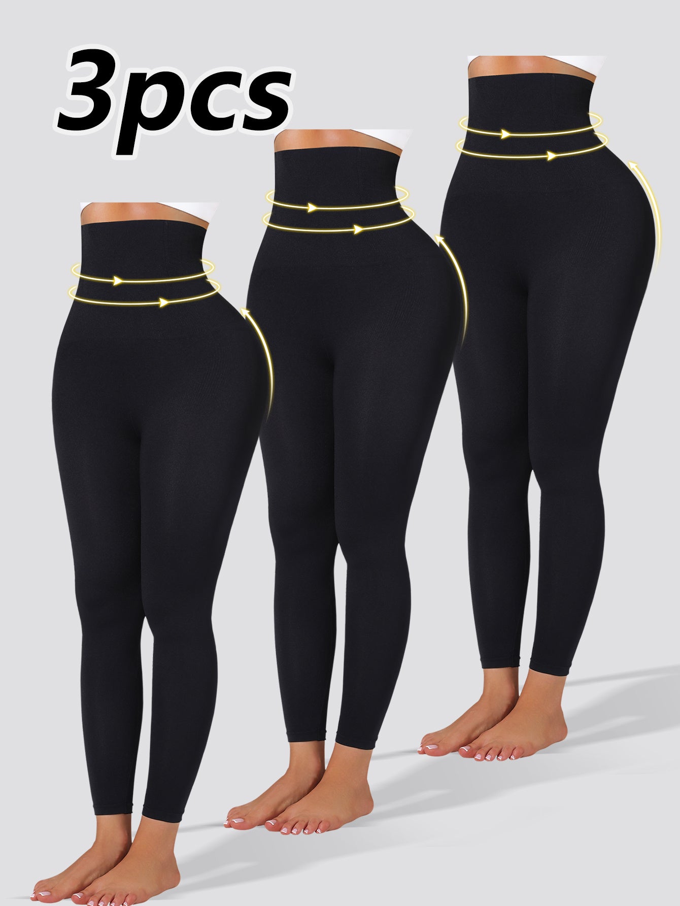 3pcs Women's High-Waisted Yoga Leggings - Tummy Control Butt Lifting 7/8 Length Pants with Golden Sequin Waistband, High-Stretch Non-See-Through Fabric for Workouts & Casual Wear (Black)
